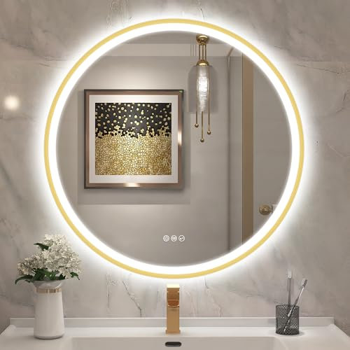 STARLEAD 80cm Gold Runder-Badspiegel-mit-Beleuchtung und Bluetooth, Dimmbar, 3 Lichtfarben, Entfogging, Speicherfunktion, HD Gehärtetes Glas, IP44, Nicht-Metallischer Rahmen