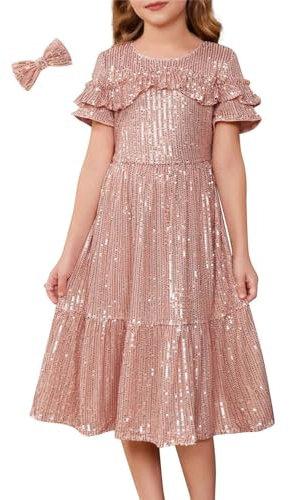 GRACE KARIN Girls 2024 Summer Fall Dress Crew Neck Cute Prinzess Sequin Dress Short Ruffle Sleeve Party Dress Pink Gold 8-10 Years
