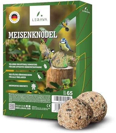LERAVA® - Palline di Grasso per Uccelli Selvatici [65 Pezzi] - Ricco di Energia - Perfetto per l'Inverno - Mangime per Uso Esterno Tutto l'Anno