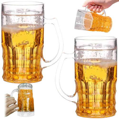 2Pcs Fake Beer Glasses, 450ml Double Layer Funny Beer Stein PS Plastic Fake Double Fake Beer Mug with Handles Mezzanine Model Beer Stein for Bar Beverages, Prank