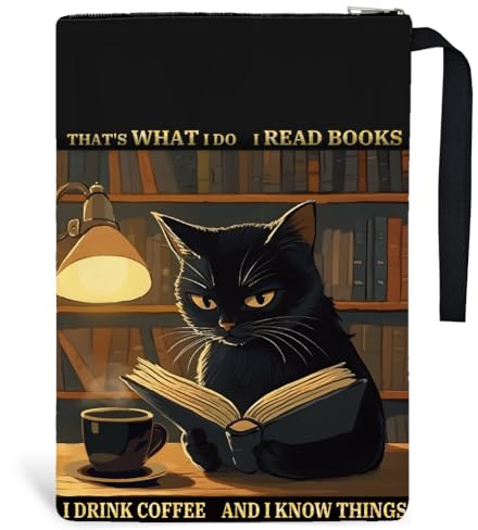 Hobbspring 1 Stück Taschenbuch Buchumschläge 34x24cm Schwarze Katze Buchtaschen Buchhülle Mit Reißverschluss Und Vordertasche Ich lese ein Buch Ich trinke Kaffee Tiere Buchschutz Für Zurück zur Schule