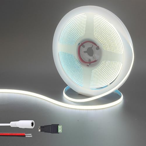 Clearhill 12V 5mm Breite COB LED-Streifenluchten (keine Stromversorgung), 16.4FT / 5M, Cool White 6500K, 400LEDs / m, mit 5521DC weiblichem Stecker, 10W / m, CRI90, 5000lm