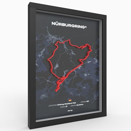 Nürburgring 3D Poster im Holzrahmen I A3 I Hochwertiger 3D Druck I 2000dpi | 280g Papier I 3D Rennkunst als Deko für Wand I Büro & deinen Schreibtisch oder als Geschenk I Acrylglas-Front