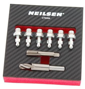 Neilsen CT6594 8pcs Brake Caliper Bleed Nipple Set - Repair Range M5-M8 | 8.5mm Drill | 1/8in BSP28 Tap | 1/8in BSP28 x30mm Inserts