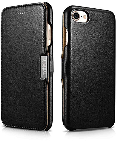 Mobiskin case compatible with Apple iPhone SE 2022 5G, iPhone SE 2020, iPhone 8, iPhone 7, cover with genuine leather, book-style protective phone case, ultra-slim folio, thin wallet, black