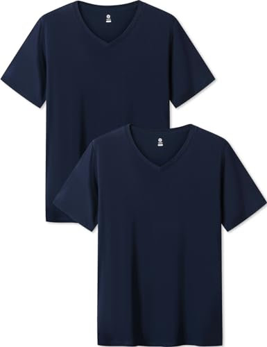LAPASA Camiseta de Manga Corta Micromodal para Hombre Camiseta Interior Sólida Transpirable con Cuello en V (Paquete de 2) M08 L Azul