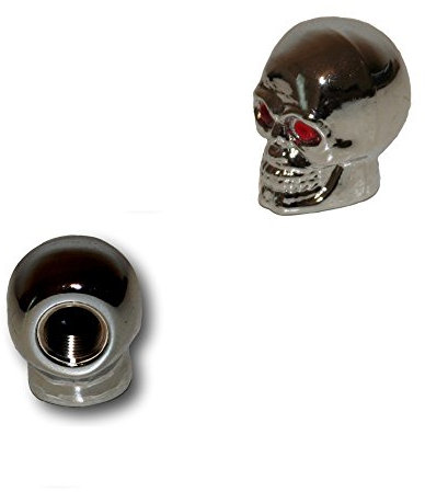 KUSTOM66 2er Set Ventilkappen - Totenkopf mit roten Augen - Skull v1 - für Motorrad Chopper Harleys Custom Bikes usw, Silber