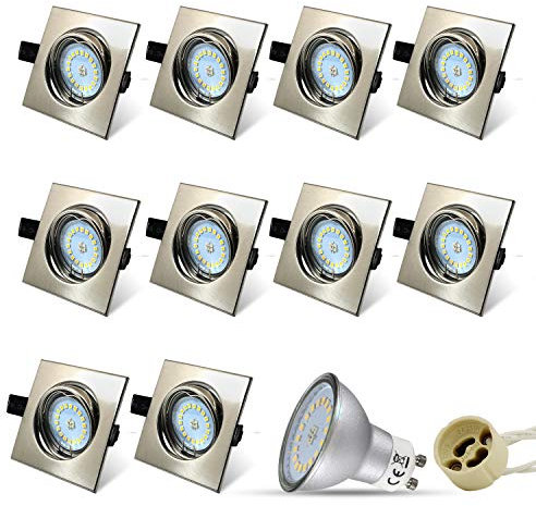 HiBay® Eckig LED Set 10 Stück Einbaustrahler 5W 18PCS High Power LEDs Warmweiß GU10 SMD + Edelstahl gebürstet Schwenkbar Einbaurahmen Deckenspot +GU10 Fassung