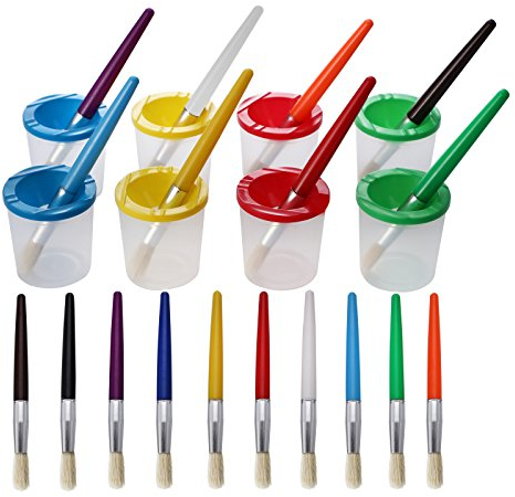 Umsole 10 Pieces Paint Brushes in 10 Colors and 8 Pieces Assorted Colored Spill Proof Paint Cups for Kids School Supplies Art Class