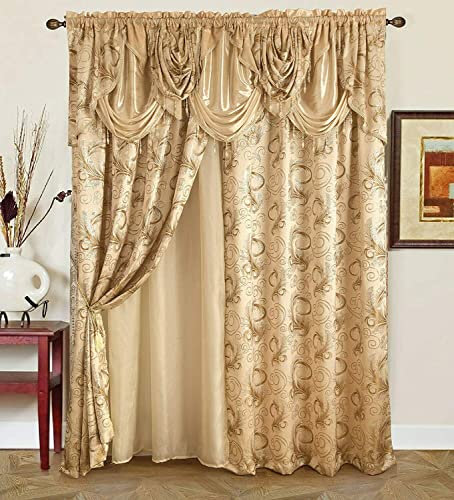 Golden Rugs Jacquard-Vorhang-Set mit angenähtem Volant und Rückseite, für Schlafzimmer, Wohnzimmer, Esszimmer, 280 x 213 cm, Beige