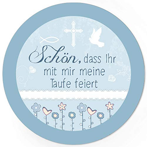 48 runde Design Etiketten - Schön, dass Ihr mit mir meine Taufe feiert - Blaue Symbole/Thema getauft/Aufkleber für die Feier und Gäste als Dankeschön