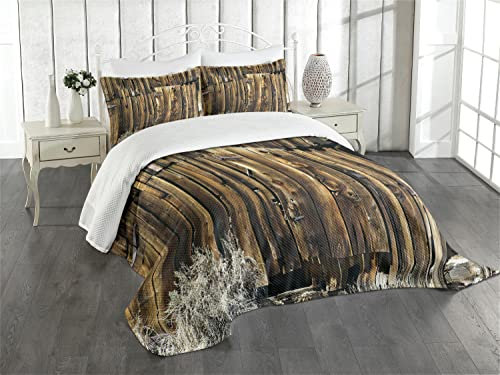 ABAKUHAUS Rustikal Tagesdecke Set, Oak Barn Holz-Tür, Set mit Kissenbezug Sommerdecke, für Einzelbetten 170 x 220 cm, Braun