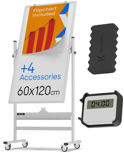 Rollendes magnetisches Whiteboard 60 x 120 cm - großes tragbares Whiteboard mit Ständer - doppelseitiges Whiteboard mit Rädern - mobiles Whiteboard für Büro, Klassenzimmer und Zuhause