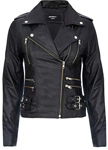 Ladies Retro Black 100% Nappa Leather Biker Jacket XL