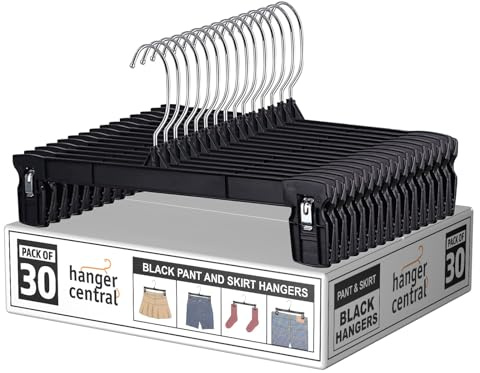 Hanger Central 30 Pack Pants Hangers Slim Plastic Clothes Hangers with Clips for Skirts, Shorts & Trousers – Non Slip Grip, Heavy Duty Space Saver with Swivel Hook – Black Closet Organizer - 12 Inch