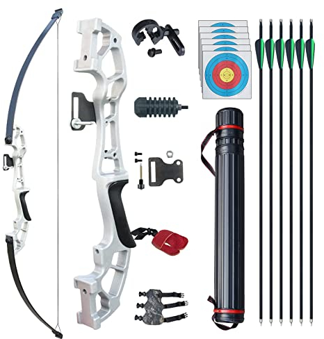 D&Q Pfeil und Bogen Set Bogenschießen für Erwachsene Recurve Bogen rechte Hand 50 Zoll 30 Pfund 40 Pfund mit 6 Stück Gemischter Carbonpfeil (Silber, 30 Pfund)