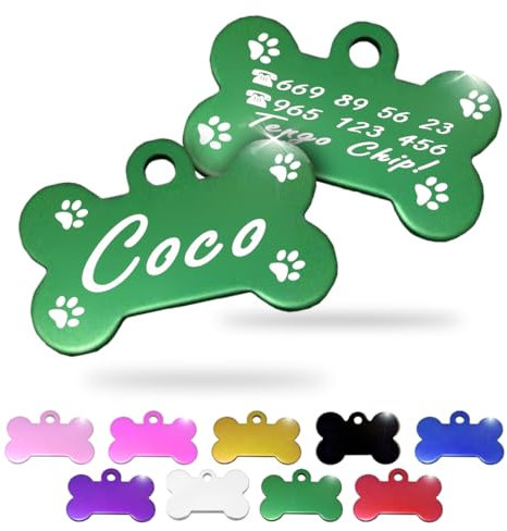 Ibera Gifts - Chapa Perro Grabada en Forma de Hueso, Placa Perro Personalizada para Perros y Gatos Pequeños y Medianos, Tamaño 30 x 20 mm, Chapa Identificativa Perro y Gato (Verde con Patas)