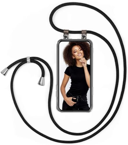 moex Handykette für iPhone 12 mini Hülle mit Band abnehmbar, Handyhülle mit Kette zum Umhängen, Handyband 155 cm lang Stoff Kordel Umhängehülle, Handy Umhängeband, Schwarz
