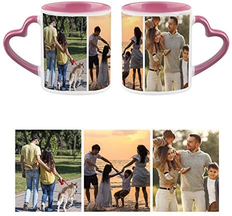 Personalised with Three Photos/Multi Photo Printed Collage Mug, Novelty, Pink Colour Heart Handle Ceramic Mug, Memorable Gift Ideas for Family, Friends, Birthday, Any Special Occasion. (3 Photos)