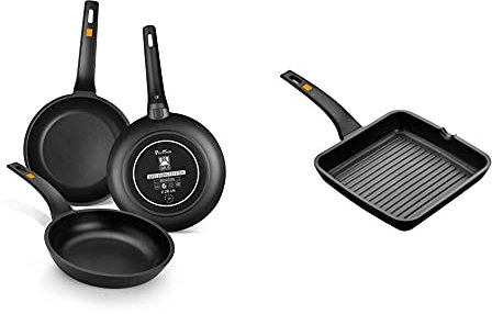 BRA Efficient-Set De 3 Sartenes, 20-24-28 Cm, Aluminio Fundido con Antiadherente + A271428 Efficient Grill Asador con Rayas, Aluminio Fundido con Antiadherente Platinum Plus