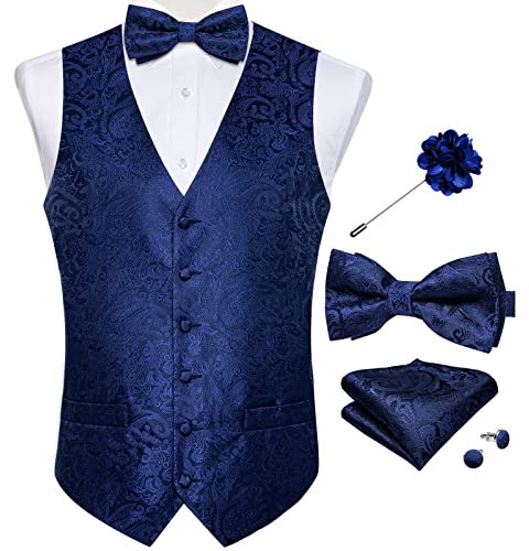 DiBanGu Herren-Paisley-Anzugweste, Seidenkleid, Weste und Fliege, Einstecktuch, Manschettenknöpfe mit Anstecknadel, Set für Hochzeits-Smoking, Weste mit Fliege, Paisleymuster, Blau, XX-Large