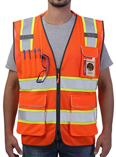 Neopelta Reflective Safety Vest Orange Mesh, High Visibility Vest with Pockets and Zipper, Padded Neck, Construction Work Vest ANSI Class 2, Orange with Yellow Trim XL