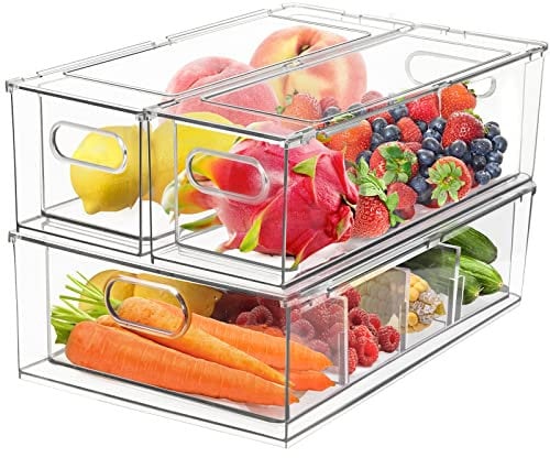Greentainer Kühlschrank Organizer schublade Set mit Griff, 3er Stapelbare Küche Aufbewahrungsbox mit Ausziehbarer Schublade & Deckel für Gemüse, Beeren, Fleisch| PET-Plastik Lebensmittel Vorratsdosen
