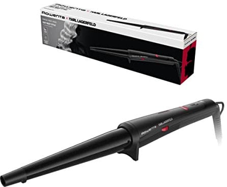 Rowenta x Karl Lagerfeld Tenacilla Cónica CF324L - Rizador de pelo profesional para rizos y ondas, forma cónica, revestimiento Keratin & Glow, control temperatura hasta 200 º, guante protector