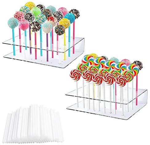 DIKEBAO 2 Pcs Soporte para Piruletas y Pop Cakes Acrilico para Lollipop con 20 Agujeros Candy Bar Decoracion + 100 Unidades Palitos de Cake Pops 10cm Ideal para Bodas Comuniones