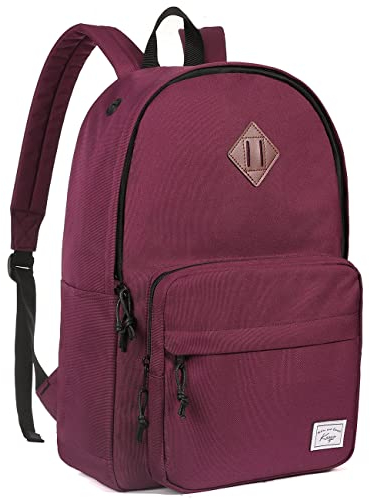 Kasgo School Backpack, 15.6 Inch Classic Lightweight Water-Resistant Rucksack Backpack for Men Women Teens Girls Boys Kids to School, College, Travel, Work, Wine Red