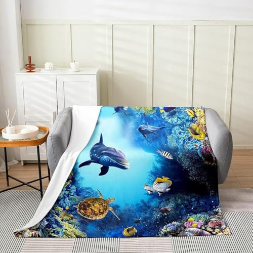 Flanelldecke mit Meerestieren für Kinder Jungen Mädchen Küstentiere Überwurf Tropische Fische Wal Delphin Fleecedecke für Kleinkind Meerestiere Fuzzy Decke Schlafsofa Couch Dekoration ,130 x 150 cm