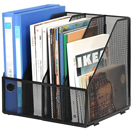 EasyPAG 4 Compartiments Métal Porte Revue Vertical Corbeilles à Courrier A4 Banette de Rangement Bureau Organisateur de Magazine Range Document Bannette Papier,Noir