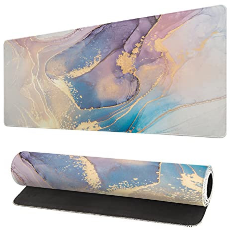 omosri Abstract Marble Texture Extended Mouse Pad 31.5x11.8 Inch Blue Purple Desk Mousepad Large Non-Slip Rubber Base Waterproof Big Keyboard Mat with Stitched Edges for Gaming and Office