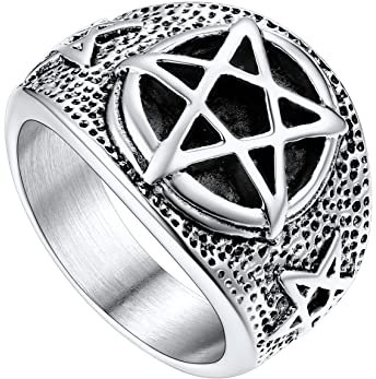 U7 Herren Wikinger Ring Edelstahl Pentagramm Ringe Gotik Statement Ring Biker Satanic Luzifer Ring Modeschmuck Hip Hop Rapper Accessoire für Geburtstag mit Geschenkebox(Ring Größe 57)