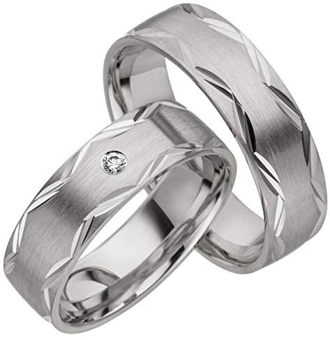 JC Trauringe 925er Sterling Silber Paar-Preis I Eheringe mit kostenfreier Gravur I Partnerringe 6mm breit inkl. Etui I Herren-Ring ohne & Damen-Ring mit Zirkonia-Stein I Größe 48 bis 72 I A03