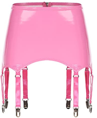 Agoky Femmes Jupe Porte-Jarretelles en Cuir Verni Jarretelle Taille Haute Cuisse Jarretière avec Boucles en Métal Porte-jarretelle Clubwear S-4XL Rose M