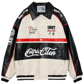 Aelfric Eden Herren Jacken Oversize Retro Collegejacke Unisex Leder Jacken Vintage Baseball Jacke mit Tasche Y2k Streetwear L