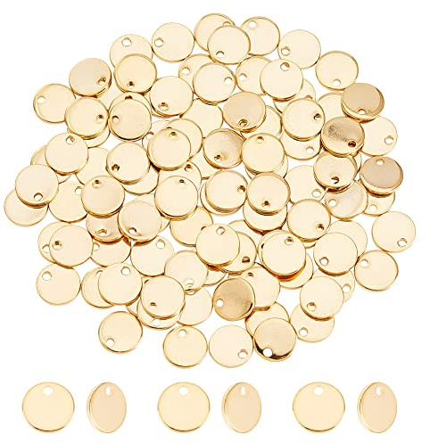 DICOSMETIC 100Pcs Kleine Flache Runde Anhänger Für Die Schmuckherstellung | Goldene Farbe,304 Edelstahl,8mm Durchmesser,1,4mm Loch,gravierbare Oberfläche