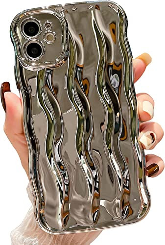 EYZUTAK 3D Wasser Gewellte Hülle für iPhone 12 6.1 Zoll, Einfarbig Wellenform Handyhülle mit Kameraschutz,Lockige Ultradünn Weich TPU Case Hart-PC Stoßfest Schutzhülle Silikon Handyhülle-Silber