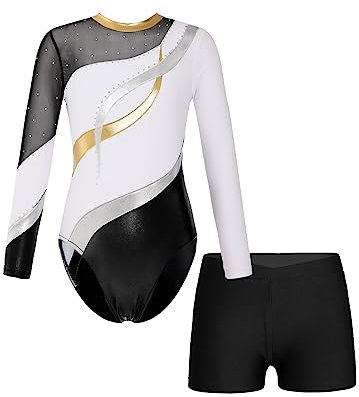JanJean Kinder Mädchen Gymnastikanzug Glänzend Ballettanzug Langarm Turnanzug Ballett Trikot mit Kurze Hose Wettbewerb Tanzkostüm X Weiß 134-140