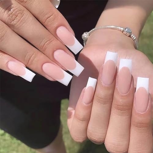 Long French False Nails Square 24PCS French Tip False Nails, Matte Nude White Fake Nails, Full Cover Press on Nails with Jelly Glue, Stick on Nails for Women Girls Nails Art