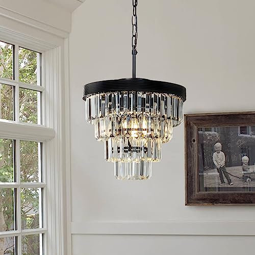 ALOADECOR 3-Lights B34 cm Eleganter Kronleuchter mit Kristallen und Goldenem Gestell Dimmbare Energiesparende Deckenleuchte für Schlafzimmer Esszimmer (Mattes Schwarz, B34 cm x H31 cm)