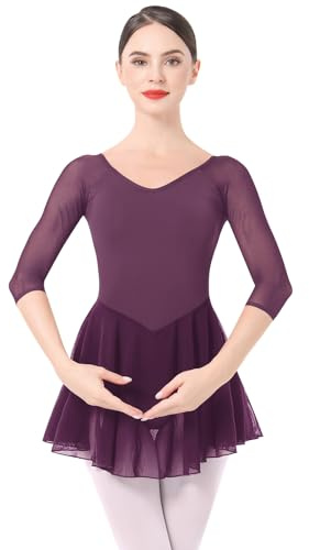 Odizli Ballettkleidung Damen 3/4 Ärmel U Rücken Ballett Body Chiffon Tütü Ballettkleid
