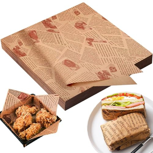 100 PCS Greaseproof Paper Sheets, 38x28cm Food Grade Wrap Paper | Oil Proof Papers Old Newspaper Printing Style Burger Paper Baking Wrapping Paper for Breads Sandwich