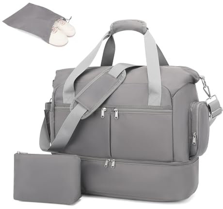 Kono Travel Duffel Bag 32L Water-Resistant Gym Tote Bag with Shoes Compartment Cosmetic Bag Detachable Shoulder Strap Lightweight Holdall Luggage Bag Weekend Bag with Trolley Sleeve (Grey)