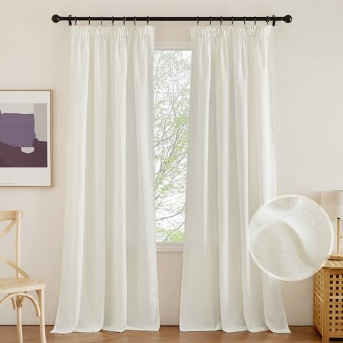 KGORGE Boho Vorhänge Wohnzimmer Leinenvorhang mit Kräuselband Halbtransparente Gardinen Leinen Beige 2er Set 240cm x 140cm(HxB) Leinenoptik, Hellbeige