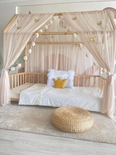 Baby Fancyroom Hausbett Himmel Betthimmel für Kinderbett Kinderzimmer Baldachin Bettvorhang Betthimmel für Mädchen Prinzessin Zimmer (Beige, 340cm, mit 5 goldenen Schmetterlingen)