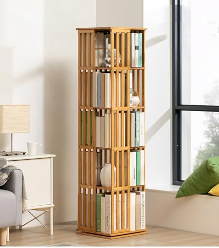 XAFNG 360° drehbares Bambus-Bücherregal, 5/6-stufiges drehbares Bücherregal, bodenstehendes drehbares Bücherregal, Aufbewahrungsregal, Bücherregal-Turm-Organizer für Wohnzimmer, Arbeitszimmer, Büro