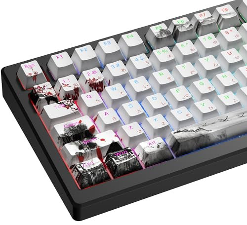 GMKWTL XVX PBT Japanese Keycaps, Shine Through White Keycaps, Plum Blossom Custom Cherry Profile Keycap Set 127 Keys for Cherry Gateron MX Switches Mechanical Keyboards