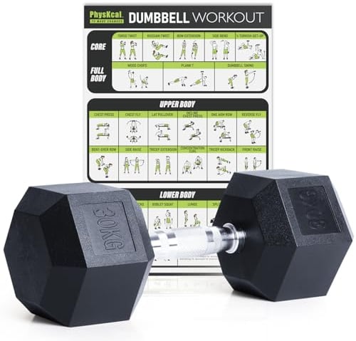 PhysKcal Hexagon Hanteln Poly-Gummierte | 30 kg 1 Stück | Rutschsicher Ummantelt | Ergonomische Verchromte Griffe | Kurzhantel-Set | Dumbbells Set